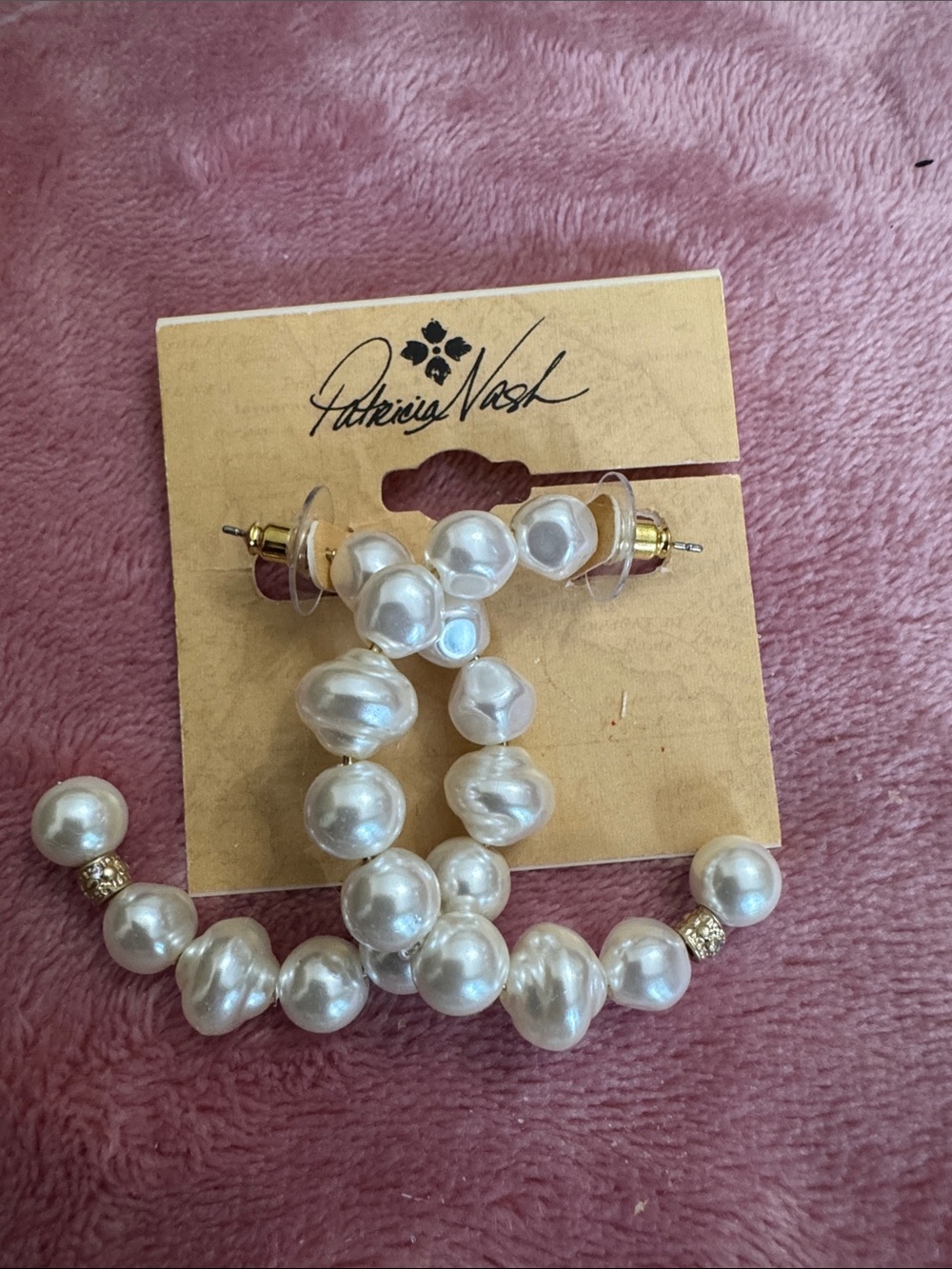 Patricia Nash Cream Faux Pearl Hoop Earrings with Gold Accents